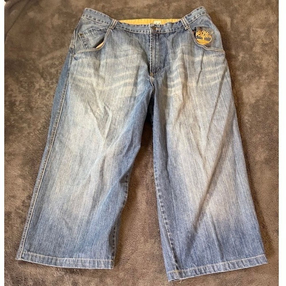 Timberland Mens Baggy Denim Jeans Light Wash Embroidered Logo Y2K Skater 42X25